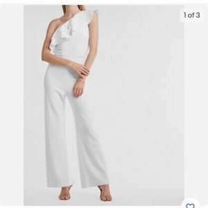 Express White Ruffle One Shoulder Wide Leg Jumpsuit *PETITE LENGTH*
